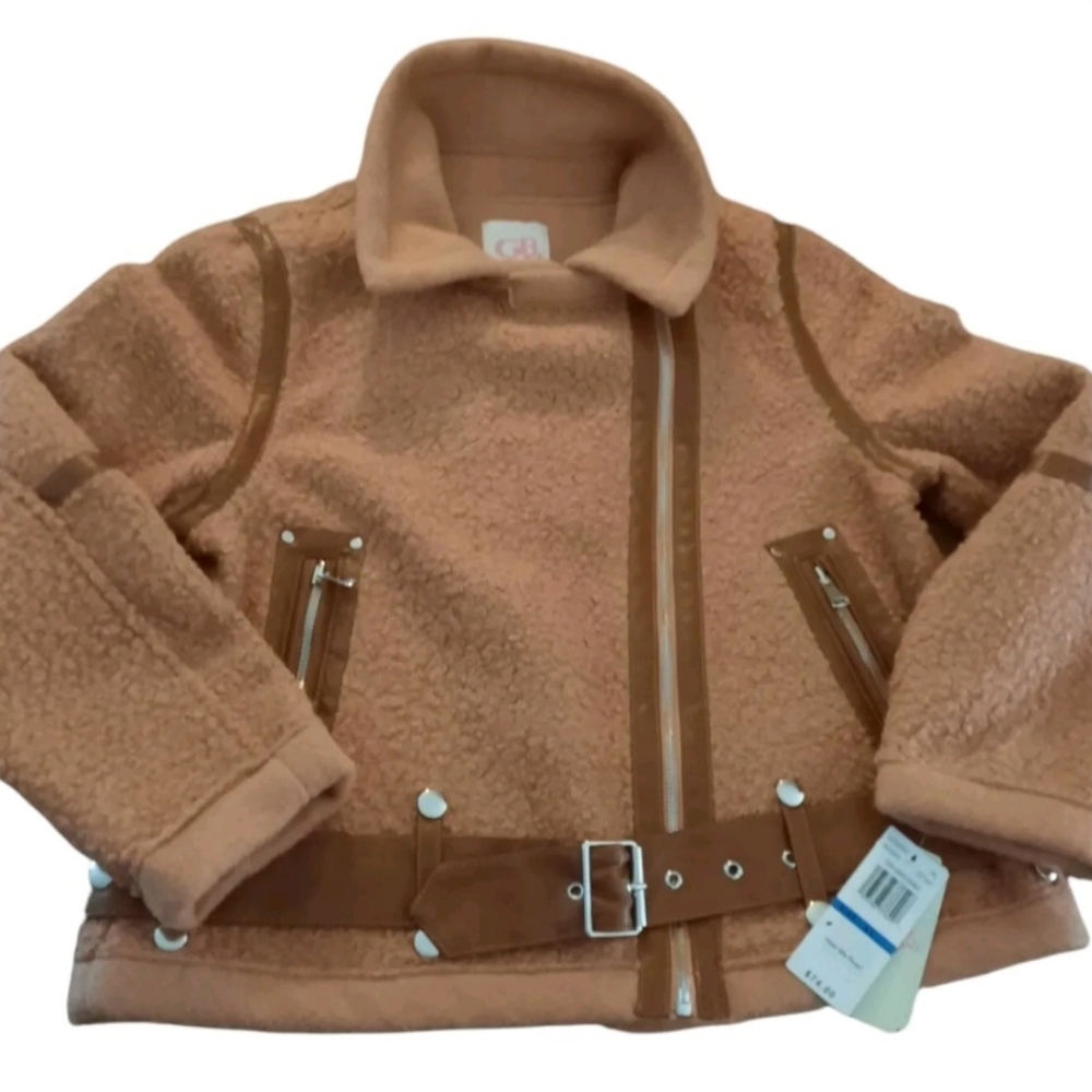 GB Girls New Faux Fur Moto Jacket Leather Trim Zip Long Sleeves Size XL CUTE!